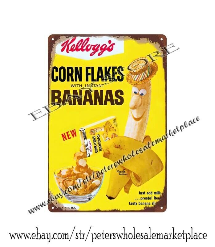 1960s Corn Flakes Bananas cereal childhood breakfast metal tin sign wall art