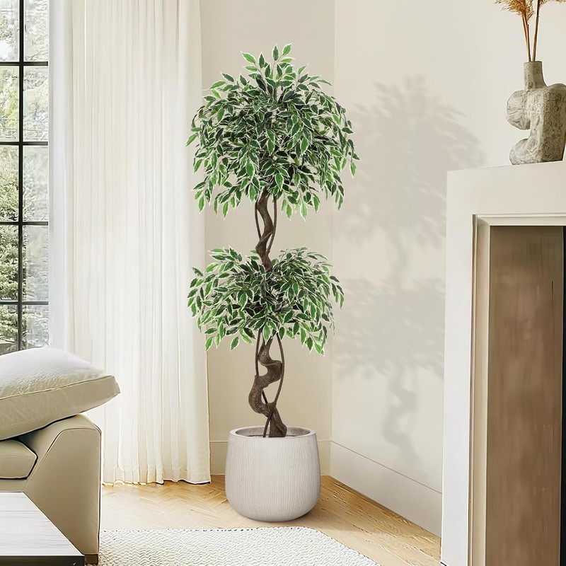 5ft Artificial Ficus Tree, Tall Fake Plants Indoor with White Planter & Pebbles gallery