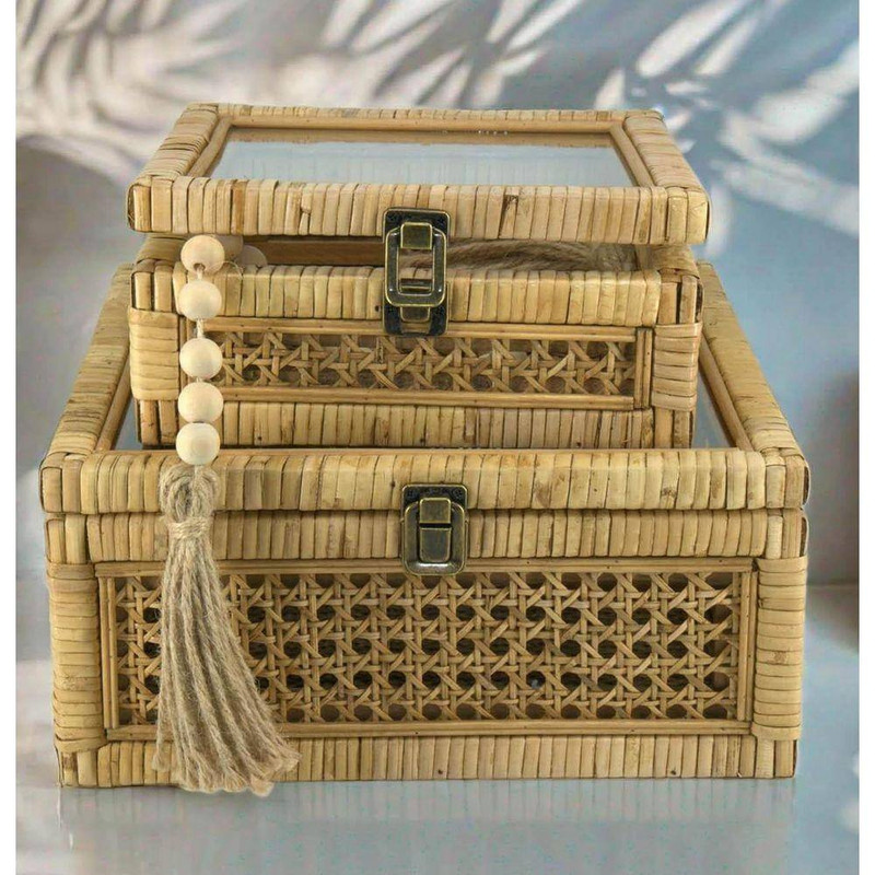 Beige 11 In. X 5 In. Wicker Rattan Decorative Basket Box Set of 2