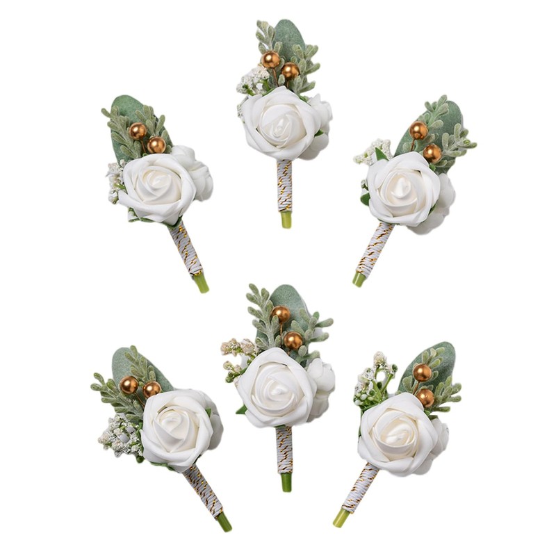 6 PCS White Boutonniere Men Wedding Groom Groomsman Greenery Rose Corsage
