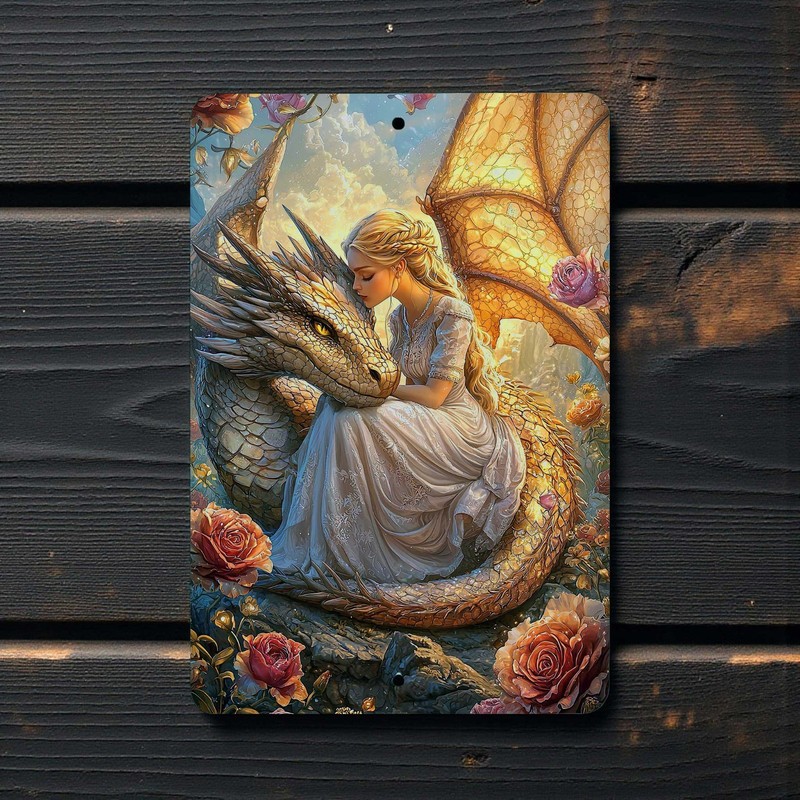 Dragon and Maiden Metal Sign – Fantasy Medieval Wall Decor Indoor Outdoor 8×12