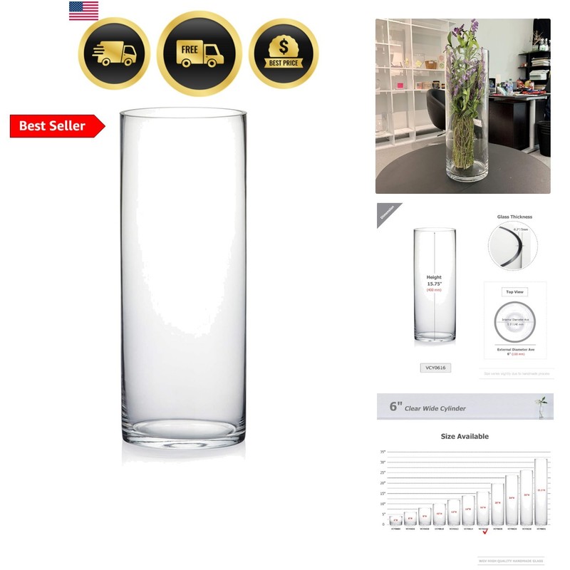 WGV Cylinder Vase, Width 6″, Height 16″, Clear Glass Container Terrarium Cand…