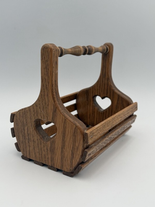 Wooden Basket With Heart Insets Cottage Grandma Core Rustic Slotted VTG 90s