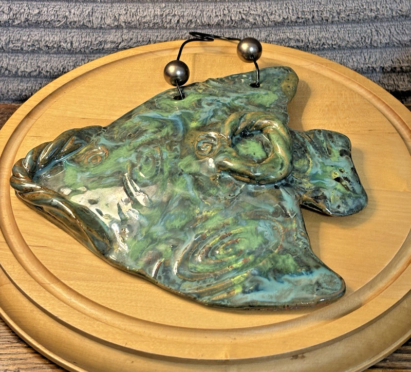 Ceramic Blue Green Glazed Fish Art Pottery Stoneware Hanging Plaque gallery