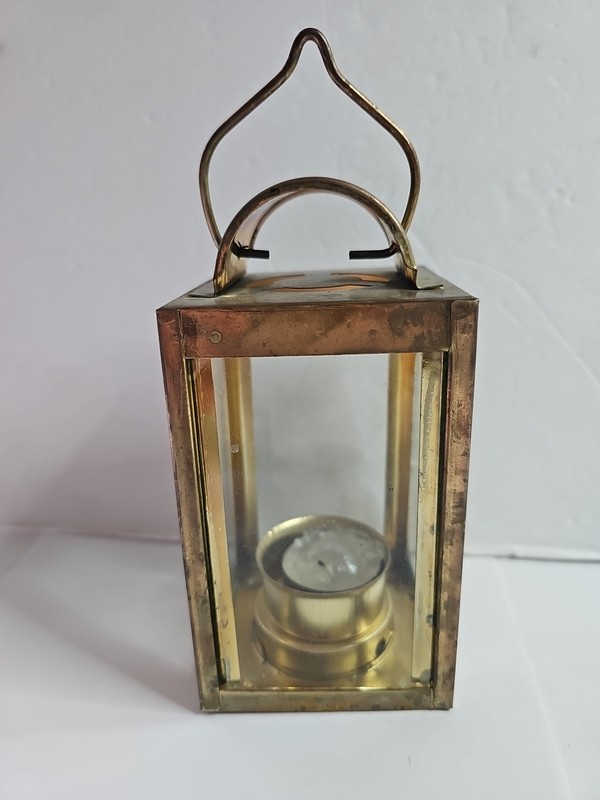 6.25″ Lantern Votive Candle Holder Brass Gold Tone Hanging Tabletop 3″ Rectangle