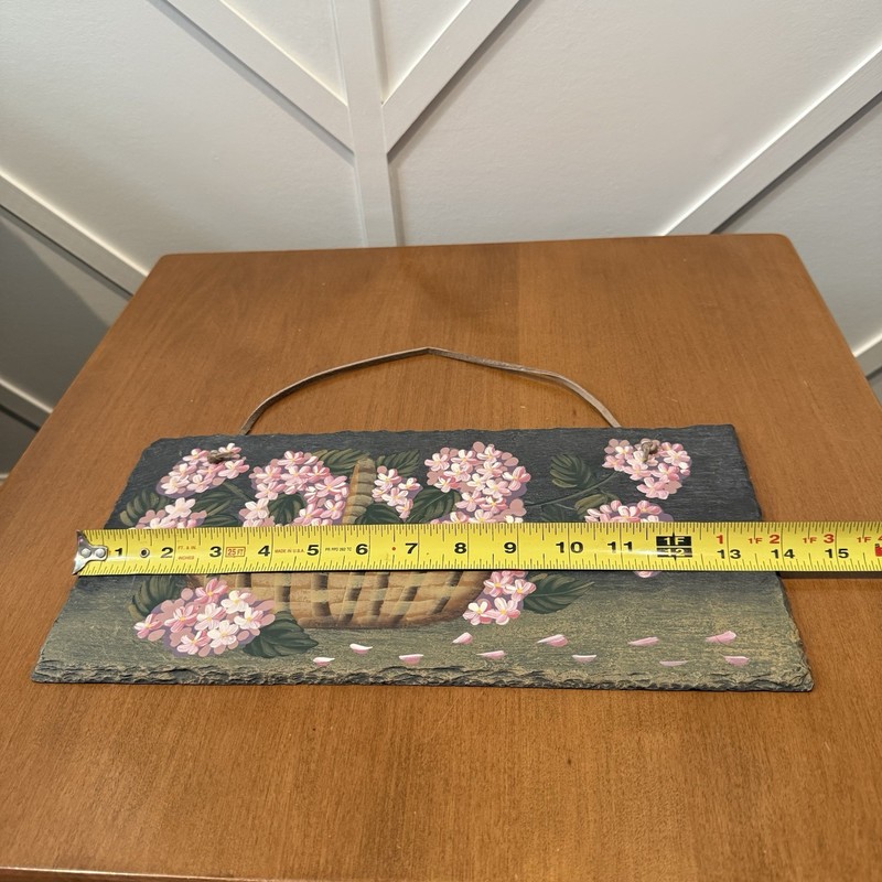 Natural Slate Handpainted Pink White Flower Basket Plaque Folk Art Farmhouse gallery