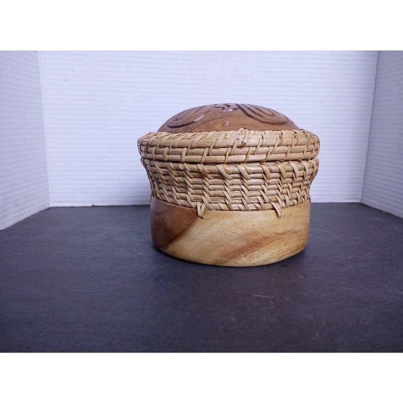 Vintage Indonesian Natural Carved Wood and Rattan Basket Tissue Dispenser gallery