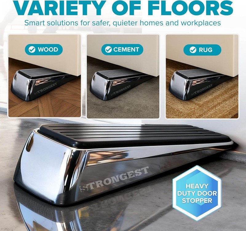 Heavy Duty Door Stopper Wedge 2 Chrome PCs | Non-Slip Rubber and Metal Door S... gallery