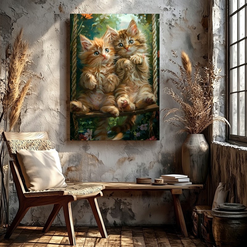 Wall Art Cute Fluffy Kittens on Swing Floral Garden Canvas Print Home Decor gallery