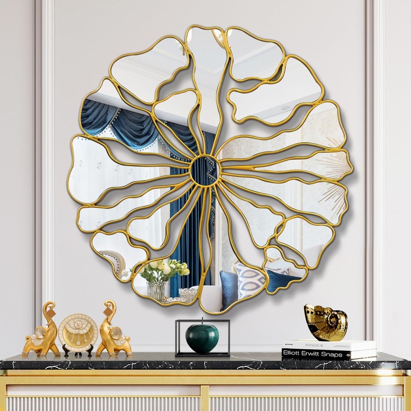 Gold Wall Mirrors Decorative, 32” Large Round Mirrors for Wall Decor, Flower ...