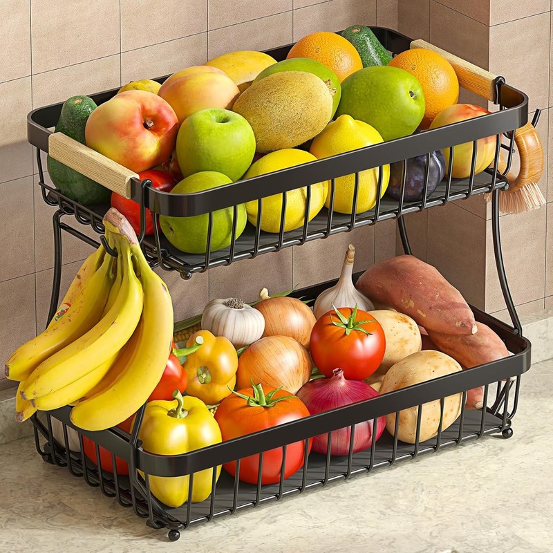 Sevenblue 2 Tier Fruit Basket with Banana Hangers for Kitchen