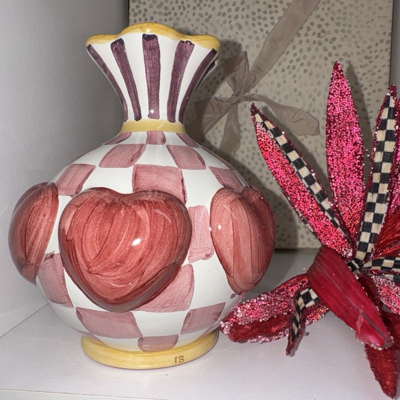 Mackenzie Childs Hearts Vase 5.75″ Tall Ceramic / 1st in 2026 Collectors Series