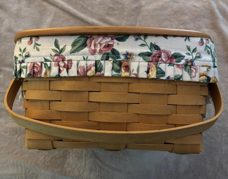 Longaberger Rectangular Basket w/ Riser & Wooden Lid & Floral Fabric Liner