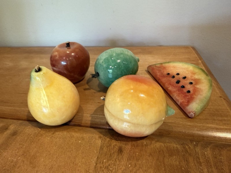 Alabaster Marble Stone Fruit, Watermelon, Pear, 2 Apples, Peach Lot of 5