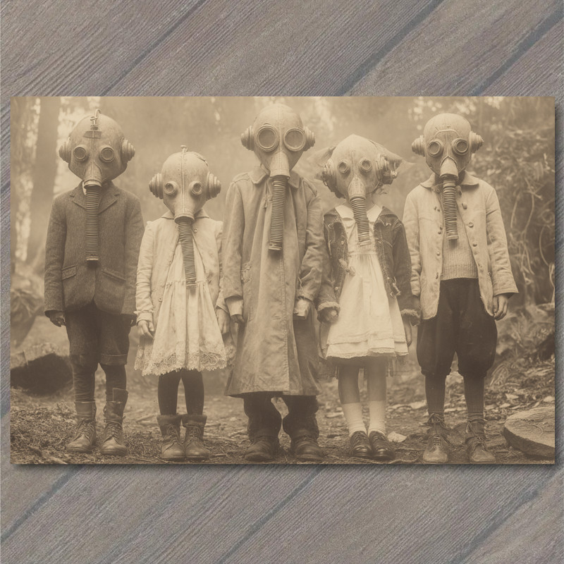 Art Print Creepy Gas Mask Children Forest Odd Spooky Sepia Weird Strange Costume