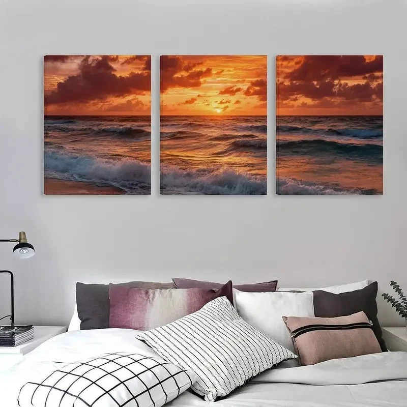 3pcs Orange Red Yellow Pink Blue Ocean Sunset Wall Art Canvas Framed 50x70cm gallery