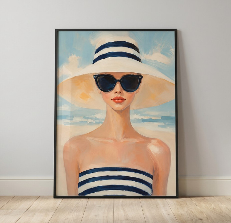 Retro Beach Woman Poster Vintage Sun Hat Coastal Wall Art Print