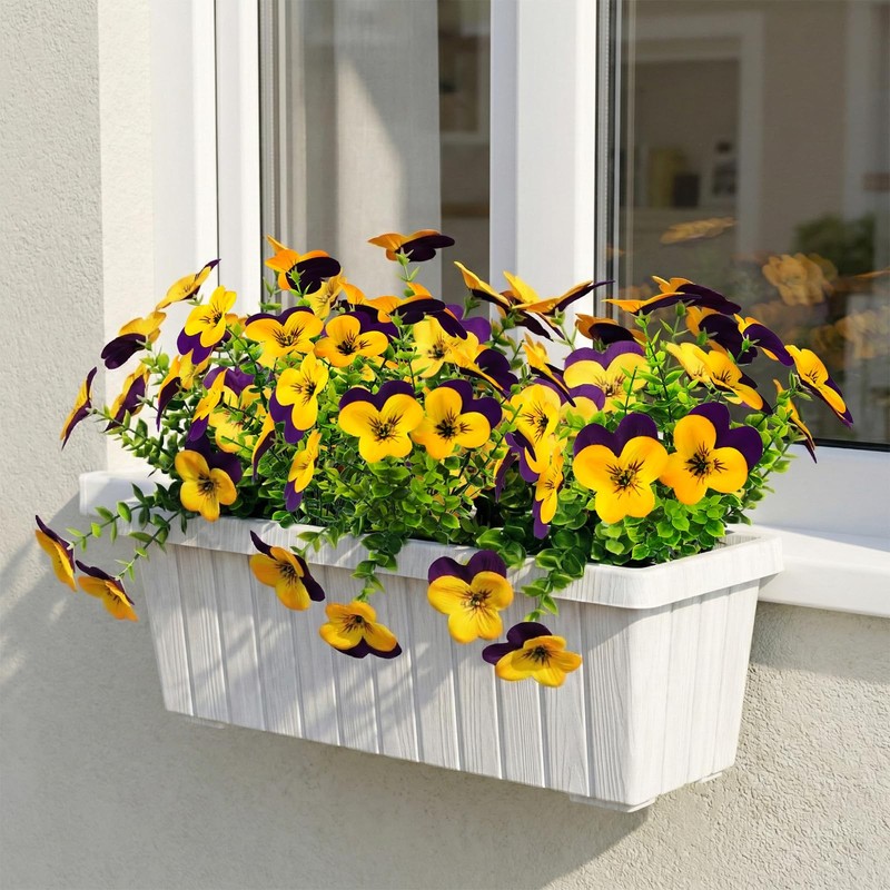 lovemoon 16 Pcs Artificial Pansy Flowers for Outdoors Yellow Faux Silk Spring gallery