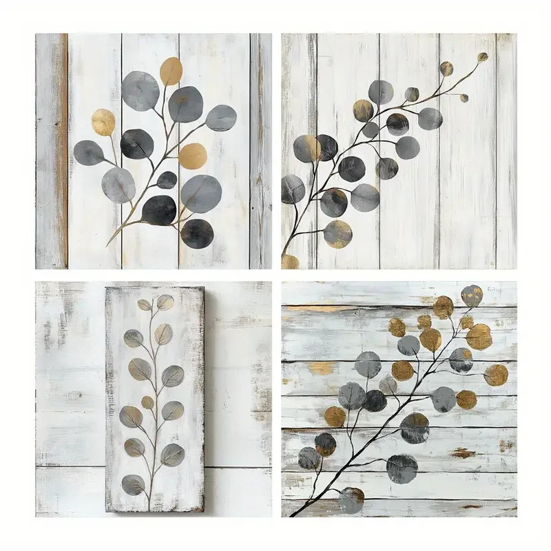 4pcs Gray And Golden Paintings, Leaf Wall Art Canvas Unframed/Framed