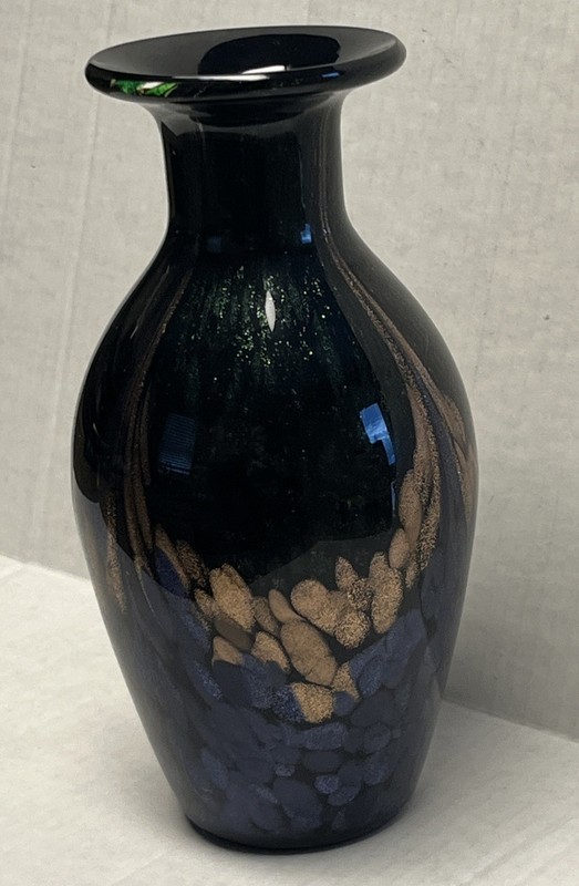 MURANO Dale Tiffany Art Black Glass Vase w/Green Blue Bronze Glitter 9”