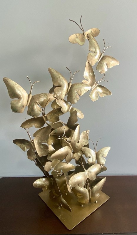 Large Metal 3D BUTTERFLIES IN FLIGHT Tabletop Sculpture W/ Distressed Gold/Brass gallery