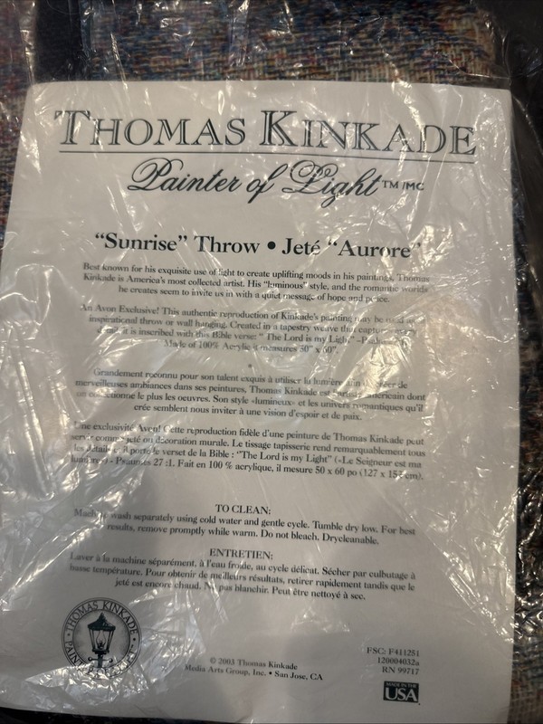 Thomas Kinkade The Painter of Light Throw Blanket 50X60 Sunrise “NEW In Bag” gallery