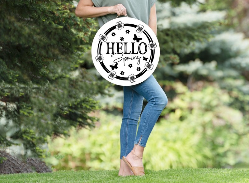 Black and White Hello Spring Round Printed Handmade Wood Sign Door Hanger