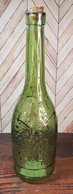 Round Glass Decorating Bottle 12”H Green-Raised Leaves Design & Cork-NEW
