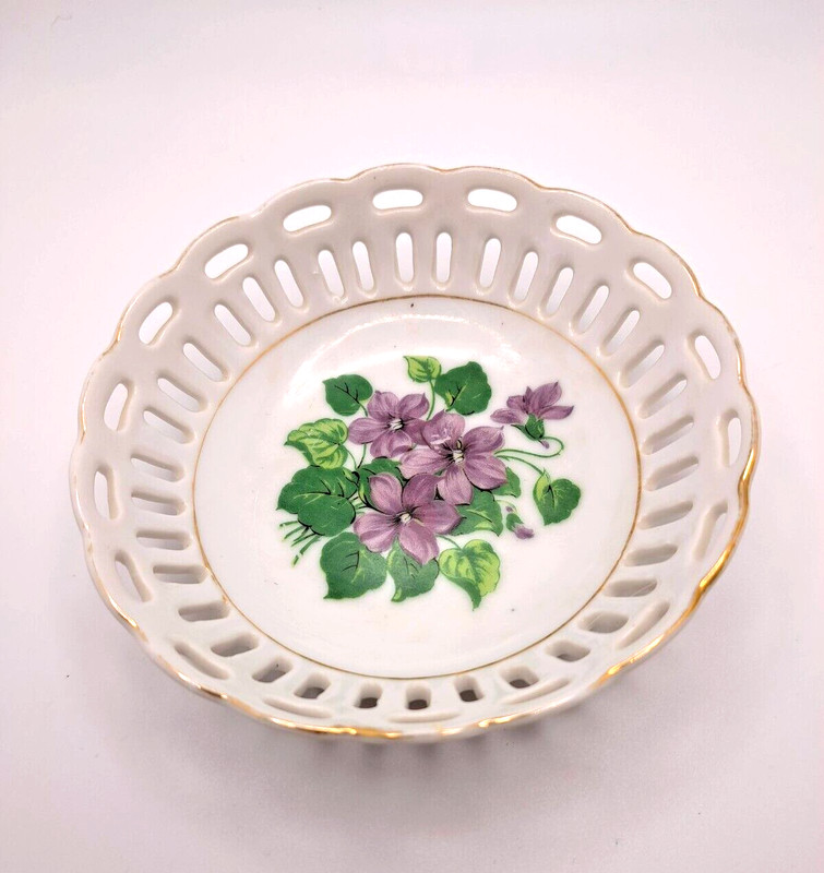 Vintage 5″ Japanese Floral Violet Trinket Candy Dish Reticulated Gilt Trim