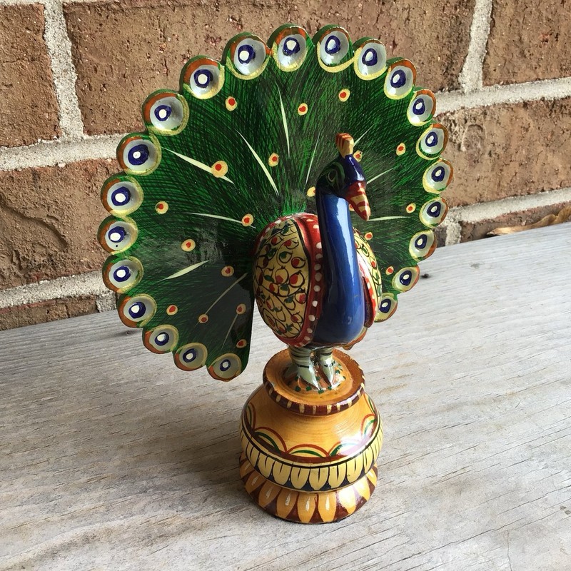 Wooden Dancing Peacock Hand-Painted Small Statue Figurine Carving 6 X 5 in INDIA