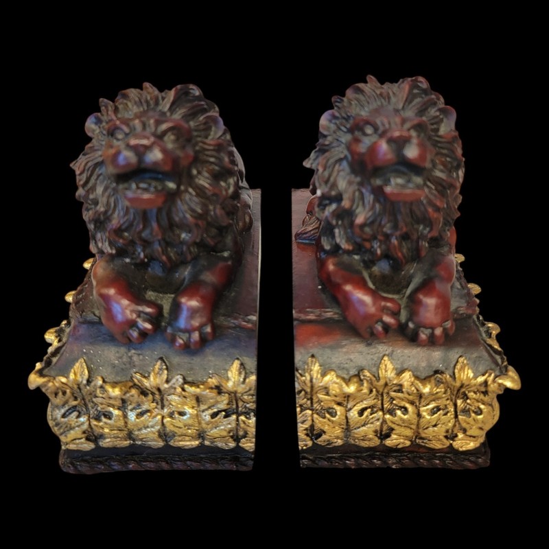 Lion Bookends Pair Faux Wood & Gold Leaf Resin 5.5" gallery