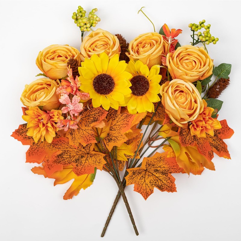 4 PCS Fall Golden Artificial Faux Silk Rose Sunflower Bouquet Centerpieces gallery