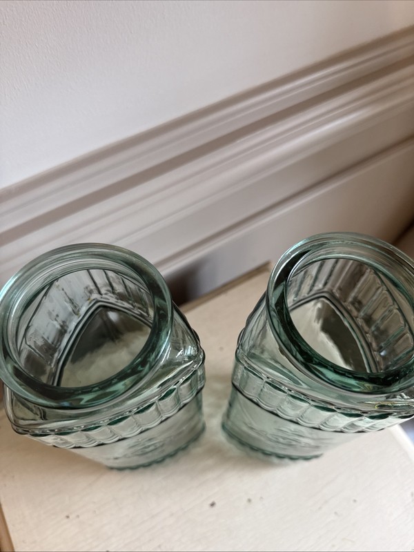 Two Turquoise 3-sided Storage Jars Embossed Design Glass 11.5" gallery