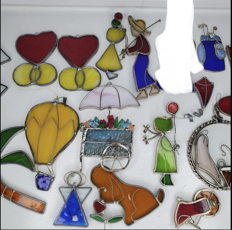 Stained Glass Lot SuncatchJesus Puppy Balloon Flower Angel Windmill Junk Drawer
