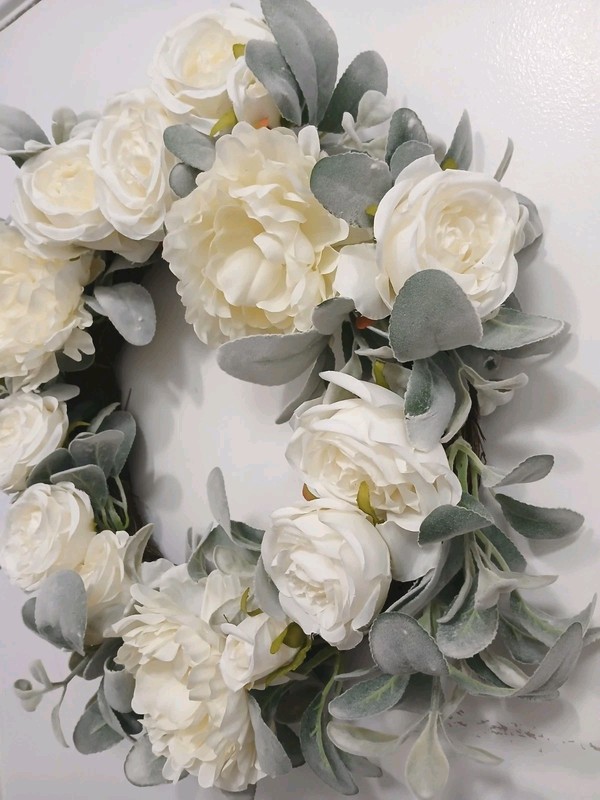 Gorgeous English White Roses & Sage Door Wreath 17" Flower Elegant Summer Spring gallery