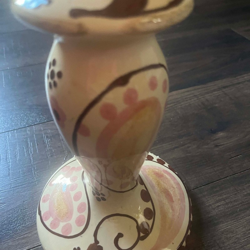 Anthropologie Ceramic Candlestick Holder Cream Pink Brown Paisely Design gallery