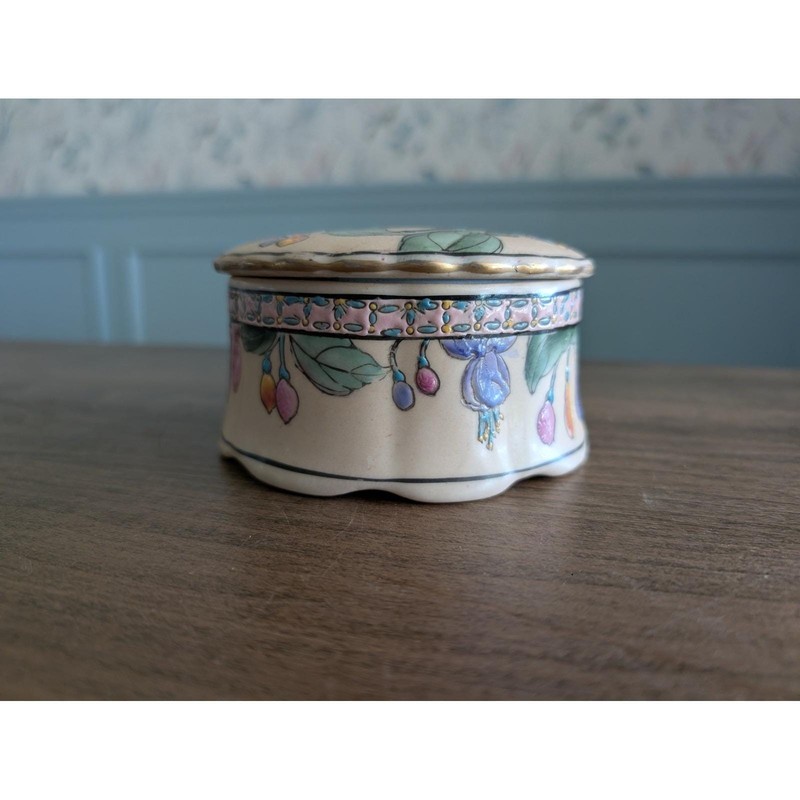 Vintage H.F.P. Macau Trinket Box Cream Floral Jewelry Hand Painted Porcelain Lid gallery