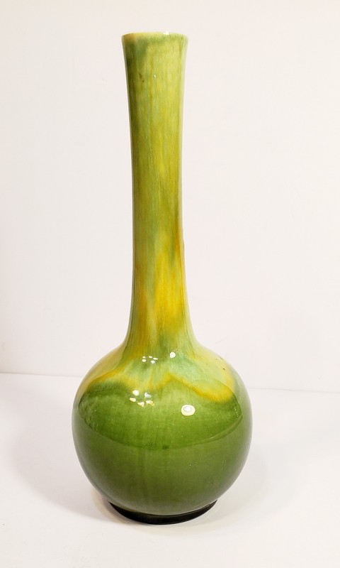 Vintage Studio Pottery Vase Drip Glaze Green Yellow MCM Bottle Vase Palm Springs gallery