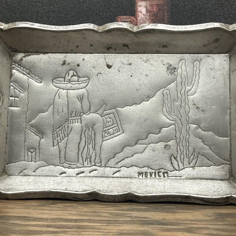 Vtg Mexico FolkArt Tooled Tin Serving Tray Scalloped Inset Handles 12 x 7 3/4 HM gallery