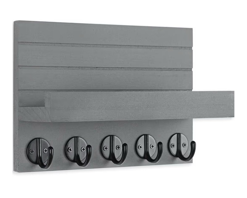 Gray Rustic Wall Mounted Key & Mail Rack Combo, Shelf, Hooks, 9.8" x 6.7" gallery