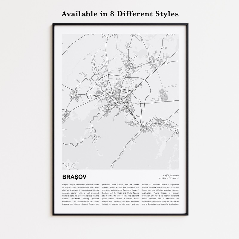 Brașov City Map Print, Romania Travel Poster, Modern Map, Wall Decor Art