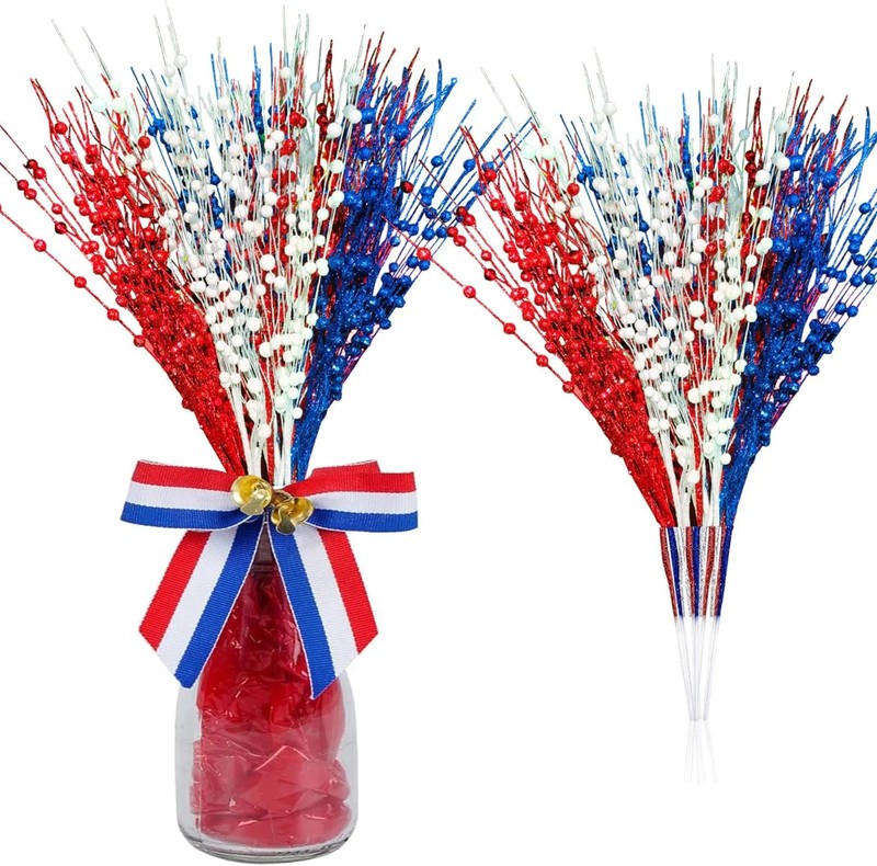 12 Pcs Artificial Patriotic Berry Stem Picks 4th of July White Blue Red Star Pic