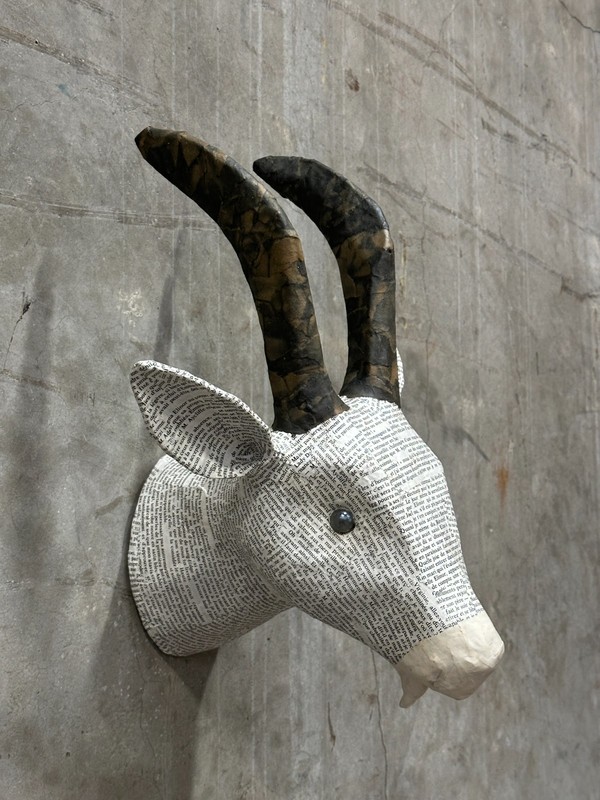 Anthropologie Papier Mache Gazelle Antelope Head Animal Bust with French Text