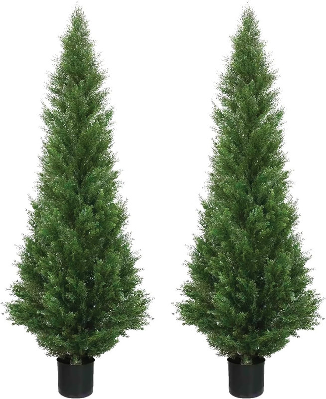 5ft Outdoor Artificial Cedar Topiary Trees in Pots – Set of 2