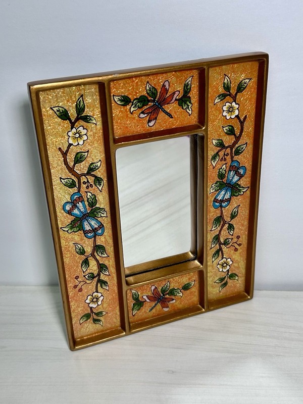Hand Painted FLORAL DRAGONFLY Peruvian Wood Mirror Glass Reverse Painted Glass