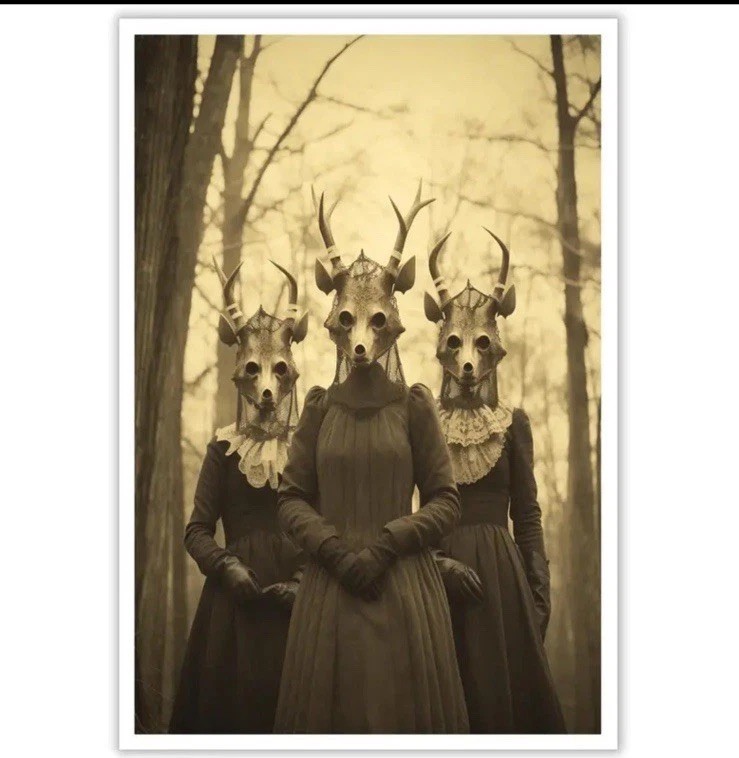 Vintage Halloween Canvas Art, Family 3 Women Creepy, Scary, Retro - 8" X 10" gallery