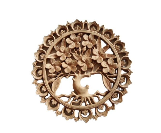 40cm Round Frangipani Kamboja Tree Bali Art Wood Carving Ornament Home Decor