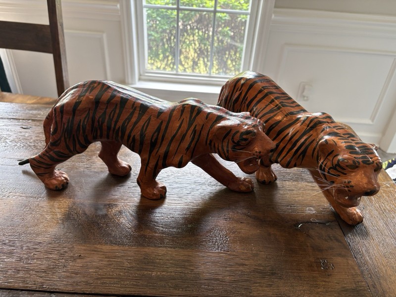 Vintage Tiger Sculptures Pair Papier Mache Leather Wrapped Folk Art
