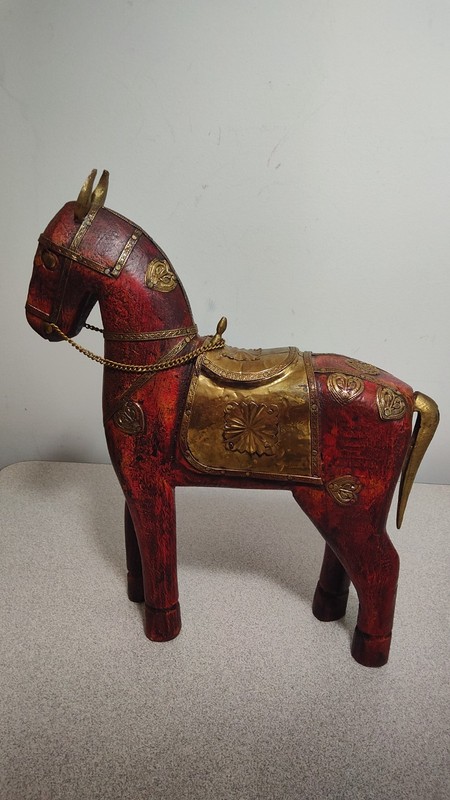 VTG Intricate Hand Carved Wooden Horse w/ Tooled Brass Inlet 10×8.5″ India