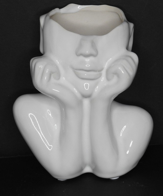 White Ceramic Face Planter Head In Hands Vase Abstract Female Bust Decor 6″ tall